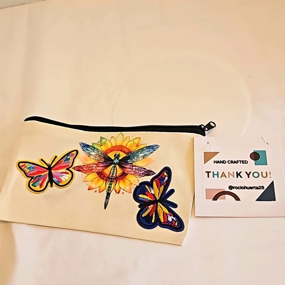 Hand Crafted canvas makeup bag pencil case iron transfer embroidery butterfly
